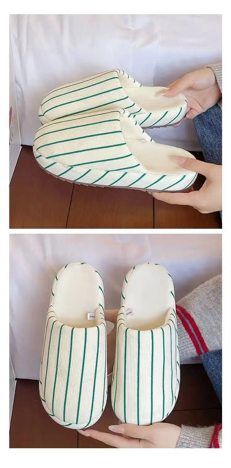 Fashionable Stripesd Furry Slippers for Women, Winter Outer Wear for Couples, Non-Slip Indoor Home Warm Plush Cotton Slippers for Men — feature 9