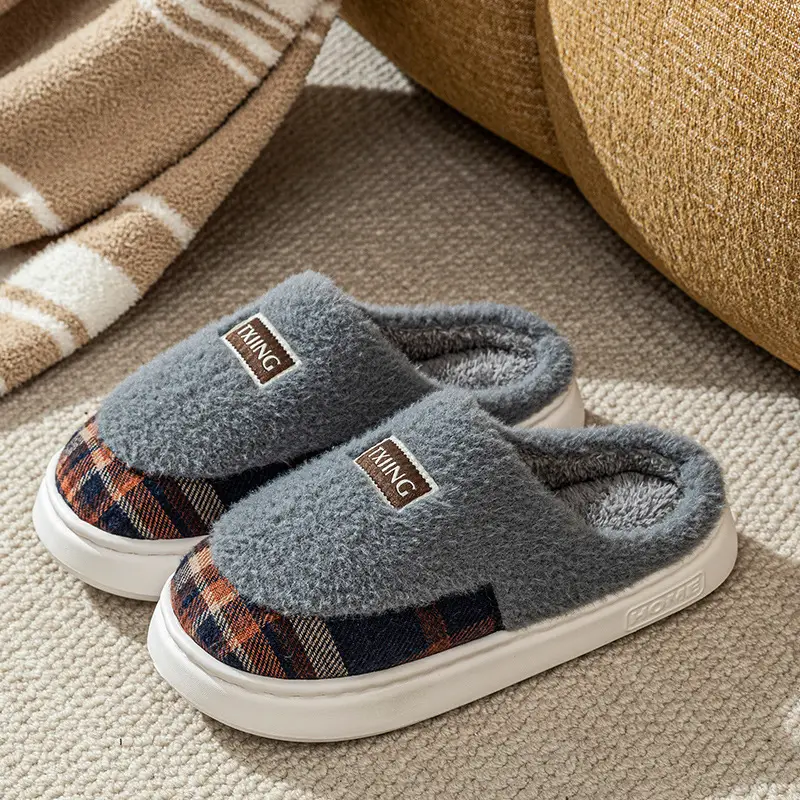 Winter Thick-Soled Plush Cotton Slippers for Women Indoor Home Fleece-Lined Warm Couple Fashion Two-Color Splicing Confinement Cotton Slippers
