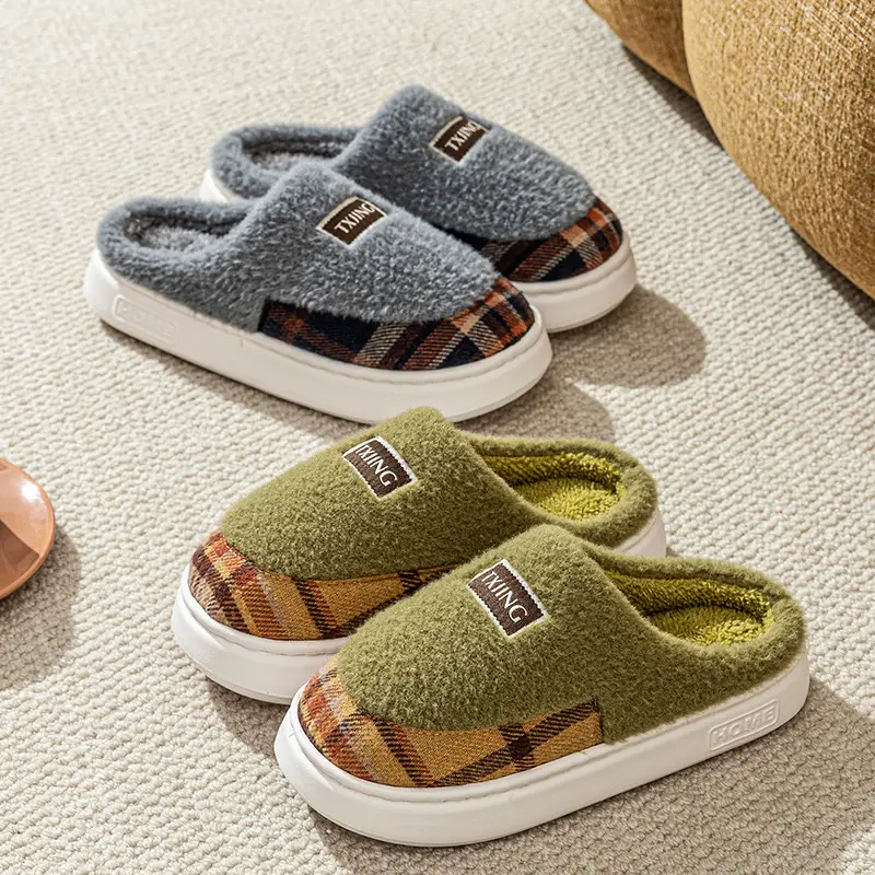 Winter Thick-Soled Plush Cotton Slippers for Women Indoor Home Fleece-Lined Warm Couple Fashion Two-Color Splicing Confinement Cotton Slippers