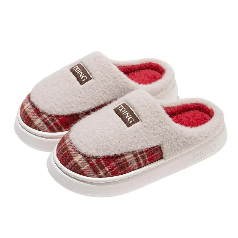 Winter Thick-Soled Plush Cotton Slippers for Women Indoor Home Fleece-Lined Warm Couple Fashion Two-Color Splicing Confinement Cotton Slippers