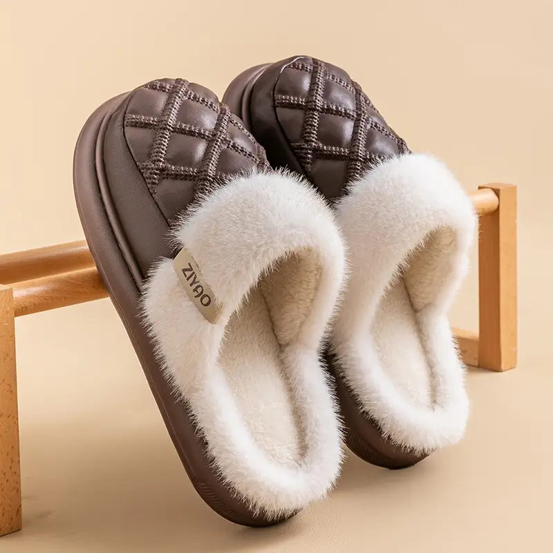 Women Winter Warm PU Leather Slippers - Image 3