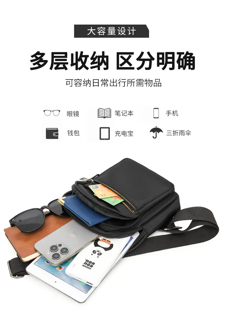 Men's Waterproof Nylon Crossbody Bag Blue Black Multi Compartment — feature 6