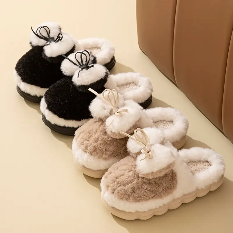 Bow Plush Cotton Slippers for Women 2025 New Winter Non-Slip Thick Sole Fleece-Lined Thickeneded Warm Home Cotton Slippers