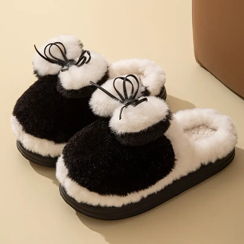 Bow Plush Cotton Slippers for Women 2025 New Winter Non-Slip Thick Sole Fleece-Lined Thickeneded Warm Home Cotton Slippers