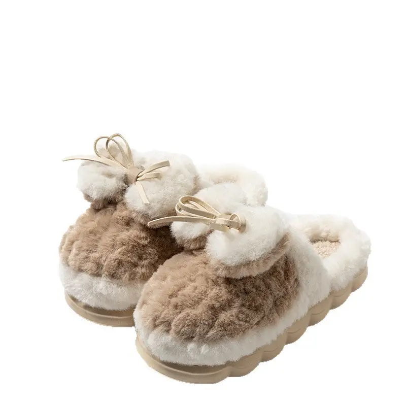 Bow Plush Cotton Slippers for Women 2025 New Winter Non-Slip Thick Sole Fleece-Lined Thickeneded Warm Home Cotton Slippers
