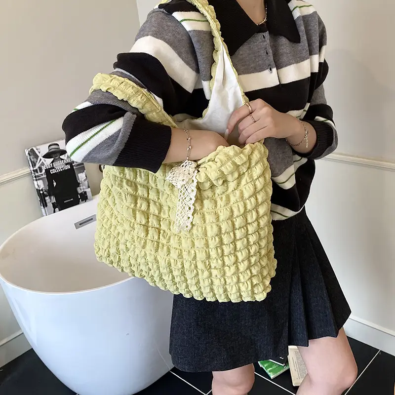 White Pleated Bubble Nylon Handbag for Women - Image 9