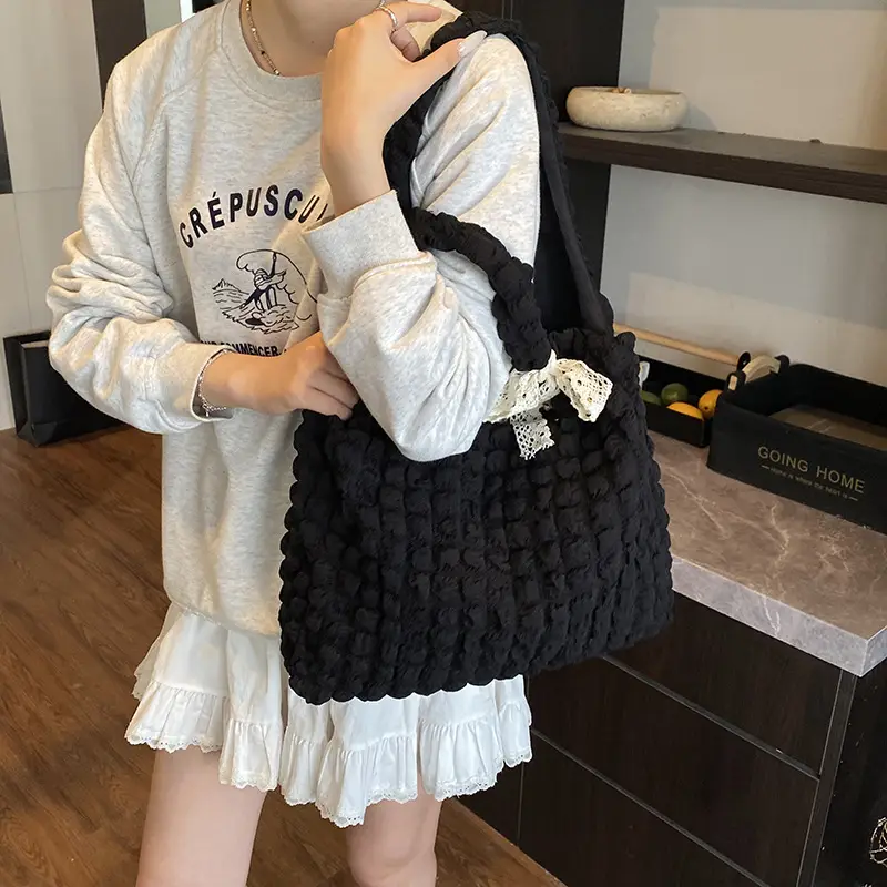 White Pleated Bubble Nylon Handbag for Women - Image 10