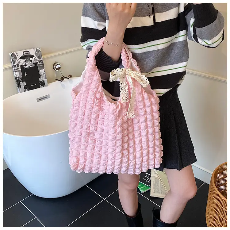 White Pleated Bubble Nylon Handbag for Women — feature 12