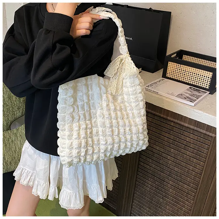 White Pleated Bubble Nylon Handbag for Women — feature 15