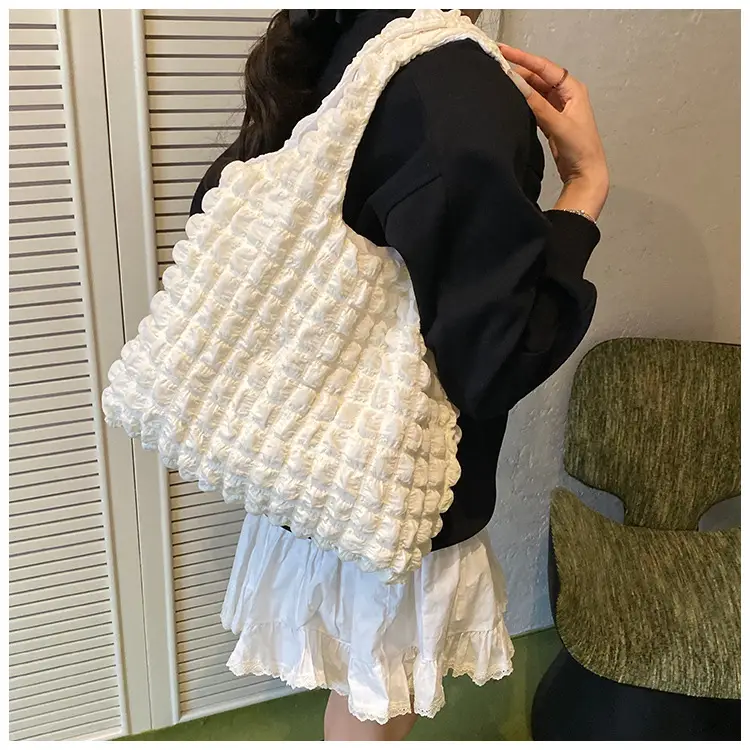 White Pleated Bubble Nylon Handbag for Women — feature 16