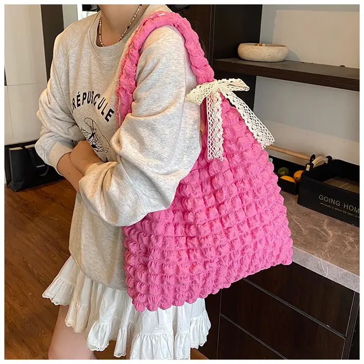 White Pleated Bubble Nylon Handbag for Women — feature 20