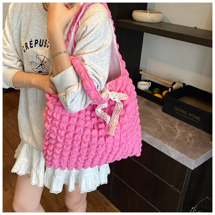 White Pleated Bubble Nylon Handbag for Women — feature 21