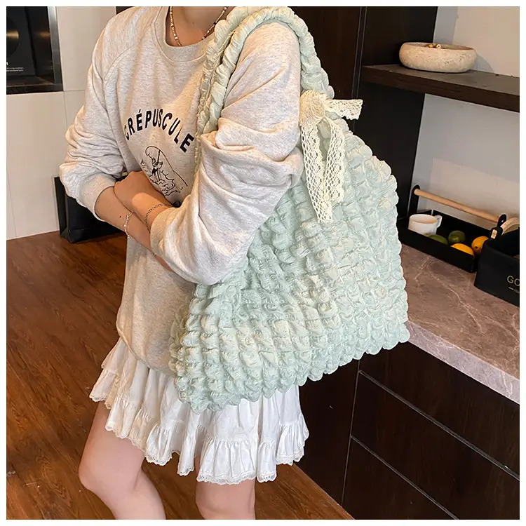 White Pleated Bubble Nylon Handbag for Women — feature 23