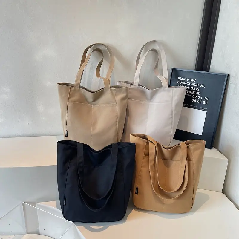 Women Canvas Tote Bag Beige Large Capacity One Shoulder - Image 6