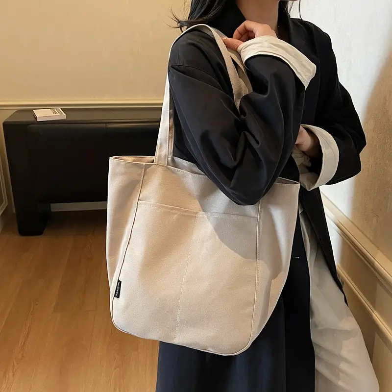 Women Canvas Tote Bag Beige Large Capacity One Shoulder - Image 7