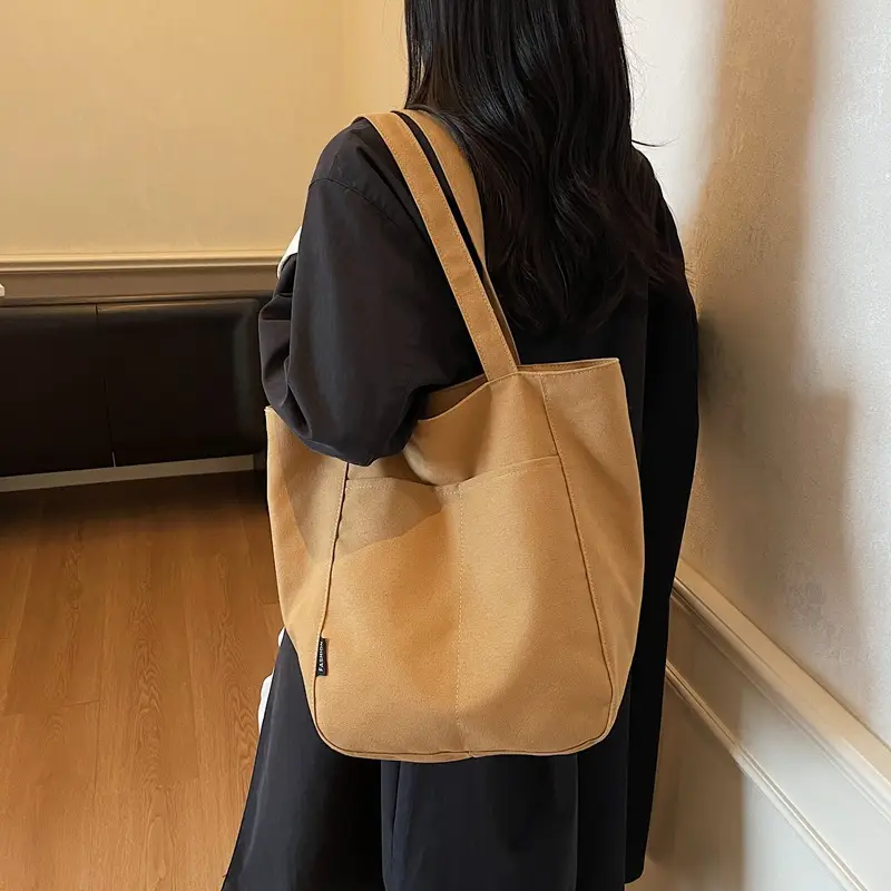 Women Canvas Tote Bag Beige Large Capacity One Shoulder - Image 8