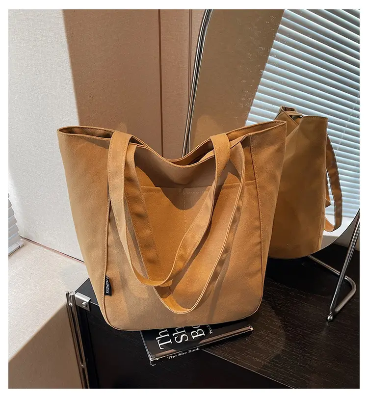 Women Canvas Tote Bag Beige Large Capacity One Shoulder — feature 1