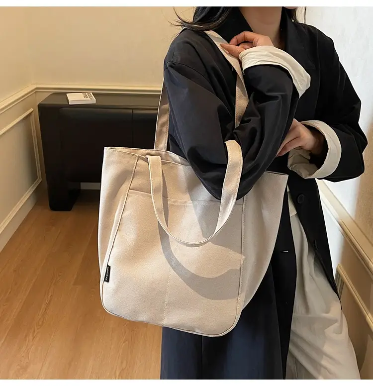 Women Canvas Tote Bag Beige Large Capacity One Shoulder — feature 13