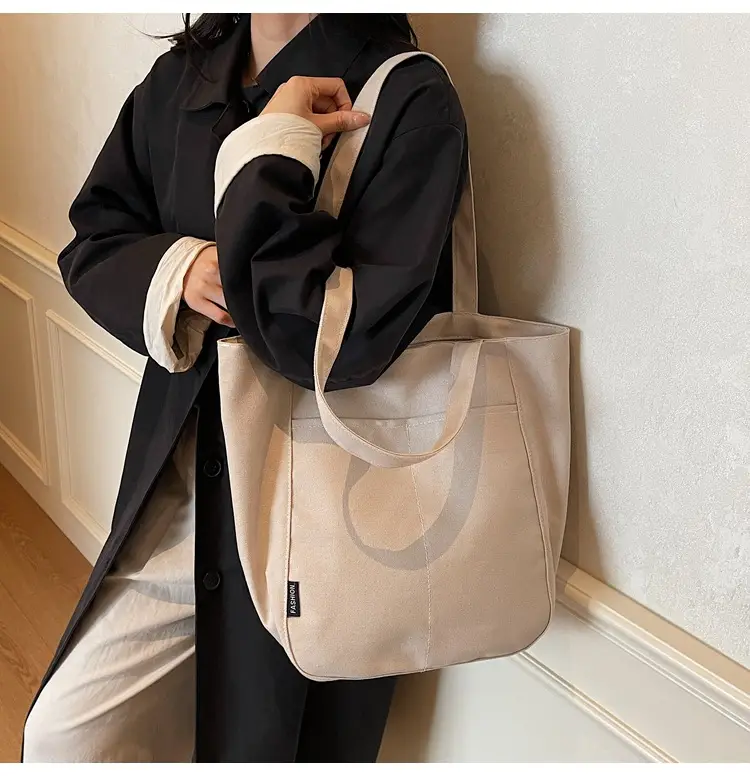 Women Canvas Tote Bag Beige Large Capacity One Shoulder — feature 15