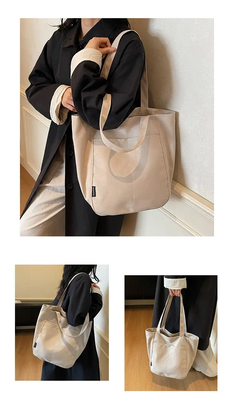 Women Canvas Tote Bag Beige Large Capacity One Shoulder — feature 25