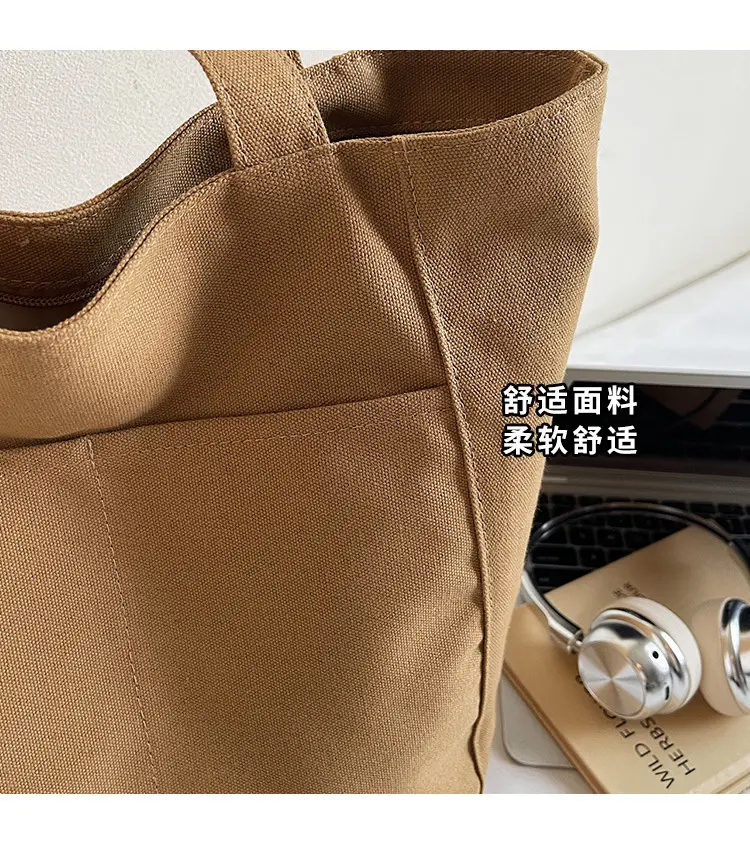 Women Canvas Tote Bag Beige Large Capacity One Shoulder — feature 3