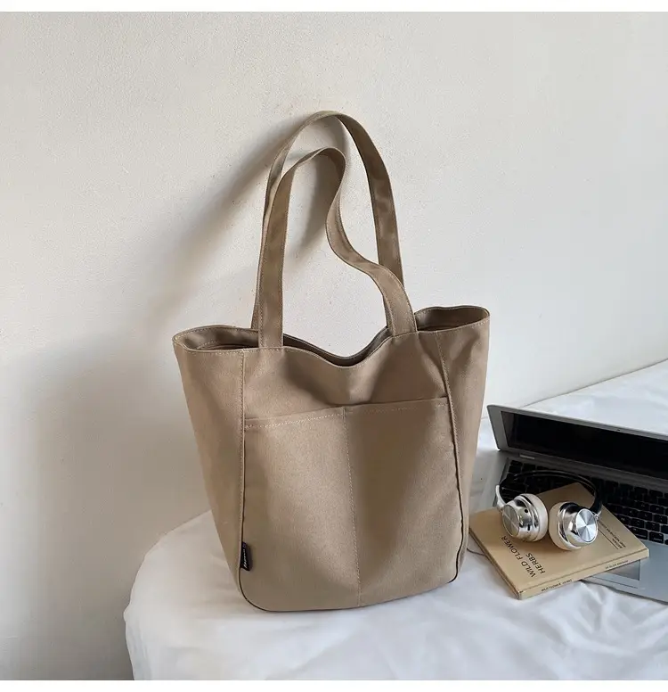 Women Canvas Tote Bag Beige Large Capacity One Shoulder - Image 2
