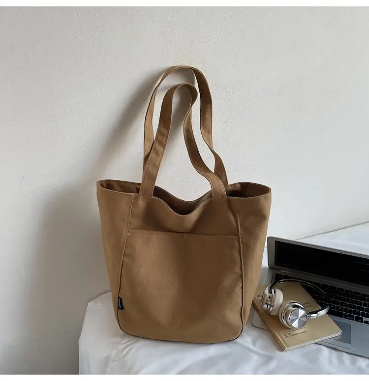 Women Canvas Tote Bag Beige Large Capacity One Shoulder - Image 3