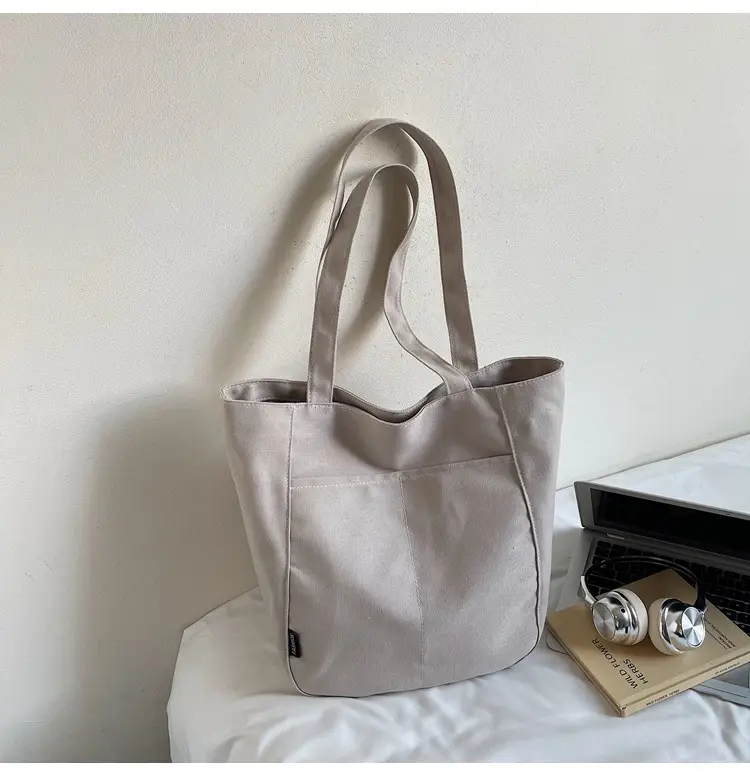 Women Canvas Tote Bag Beige Large Capacity One Shoulder - Image 4