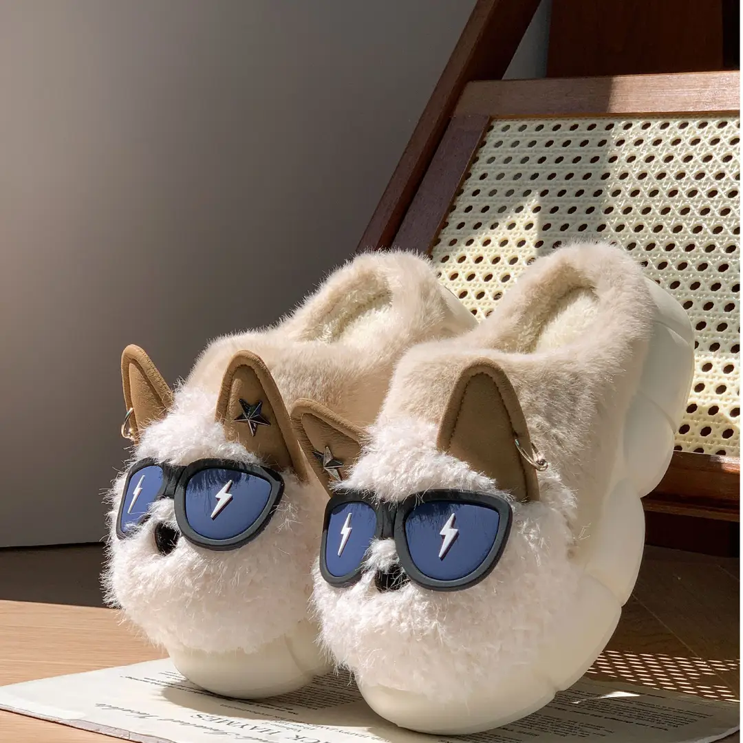 Cute Eyes Puppy Cotton Slippers for Women Winter Indoor Home Thick-Soled Non-Slip Slippers with Velvet Warm Slippers for Men - Image 2