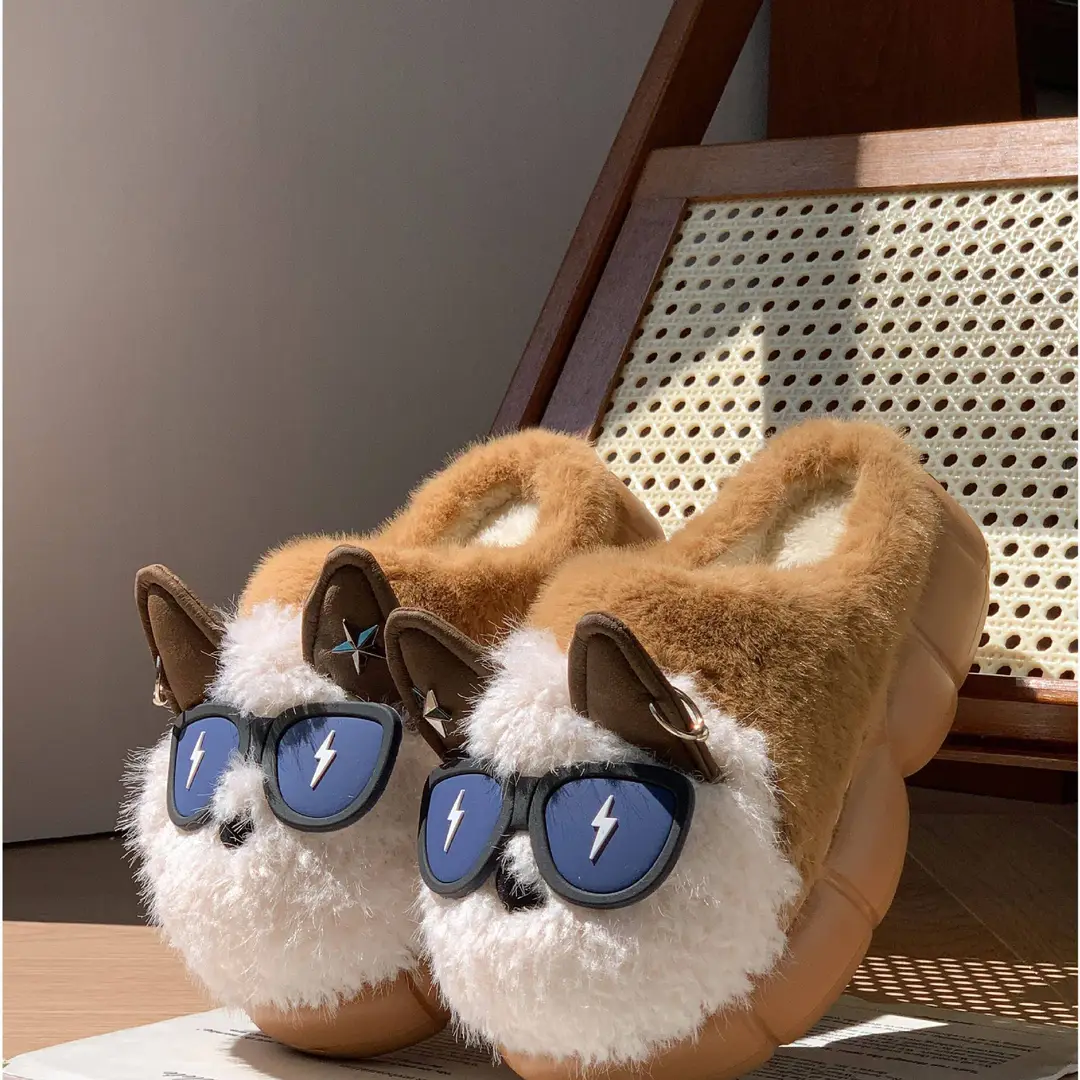 Cute Eyes Puppy Cotton Slippers for Women Winter Indoor Home Thick-Soled Non-Slip Slippers with Velvet Warm Slippers for Men - Image 3