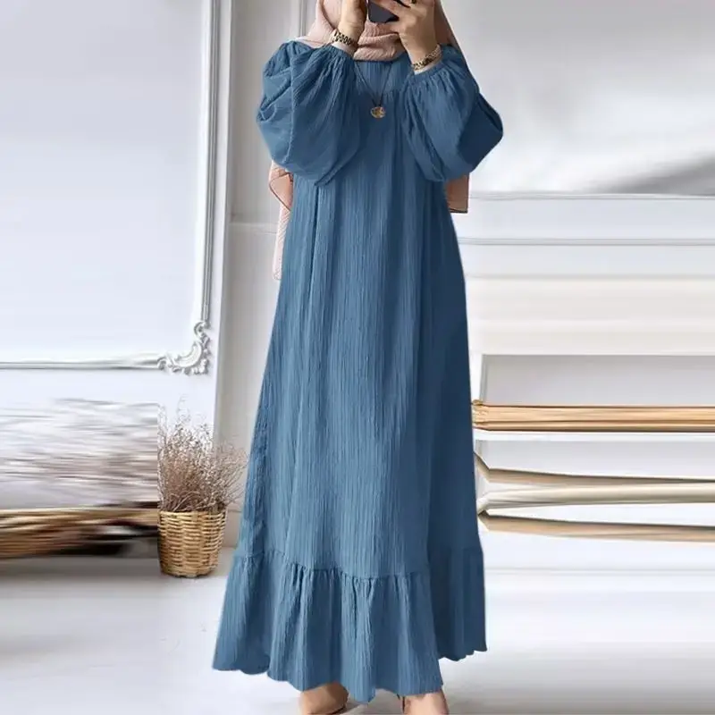 Muslim Women's Robe Long Sleeve Ruffled Hem Black - Image 2