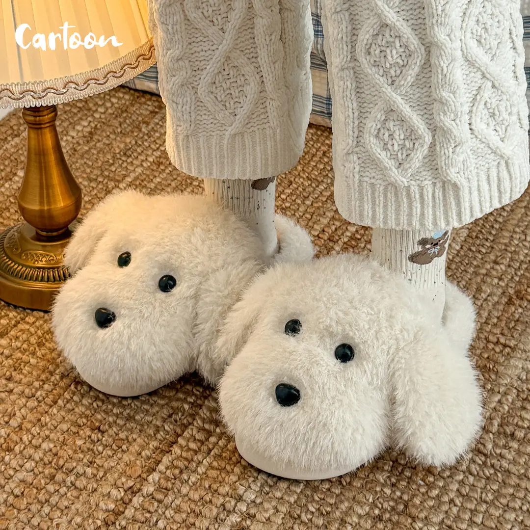 Cute Puppy Cotton Slippers for Women Winter New Indoor Home Non-Slip Warm Thick-Soled Plush Slippers for Men Wholesale