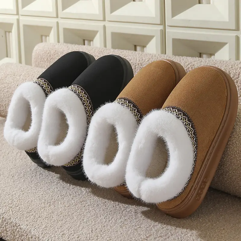 New Autumn and Winter Lace Ethnic Style Fashionable Fur-Covered All-Inclusive Cotton Shoes for Men and Women, Indoor and Outdoor Cotton Slippers for Couples