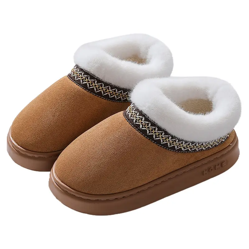 New Autumn and Winter Lace Ethnic Style Fashionable Fur-Covered All-Inclusive Cotton Shoes for Men and Women, Indoor and Outdoor Cotton Slippers for Couples