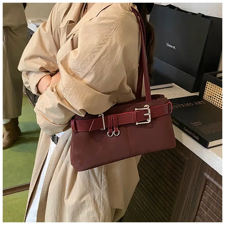 Women's French Leather Motorcycle Bag Burgundy — feature 14