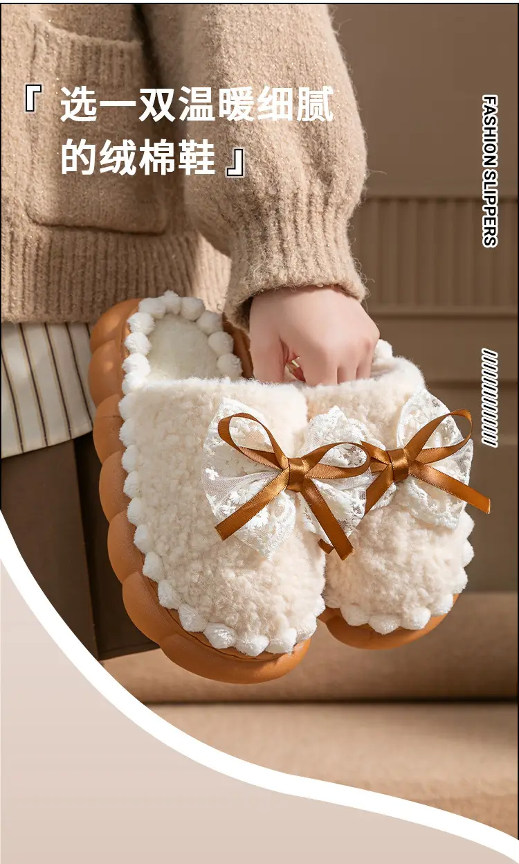 Women Cotton Bow Slippers Winter Warm Indoor — feature 4