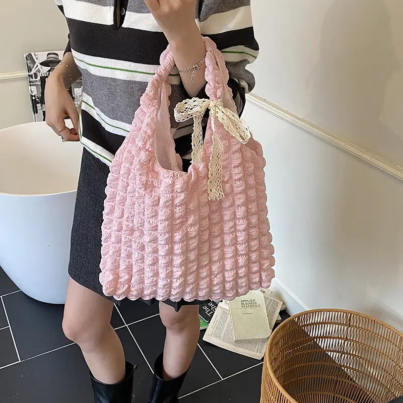 Pink Bubble Checkered Bow Shoulder Bag for Women
