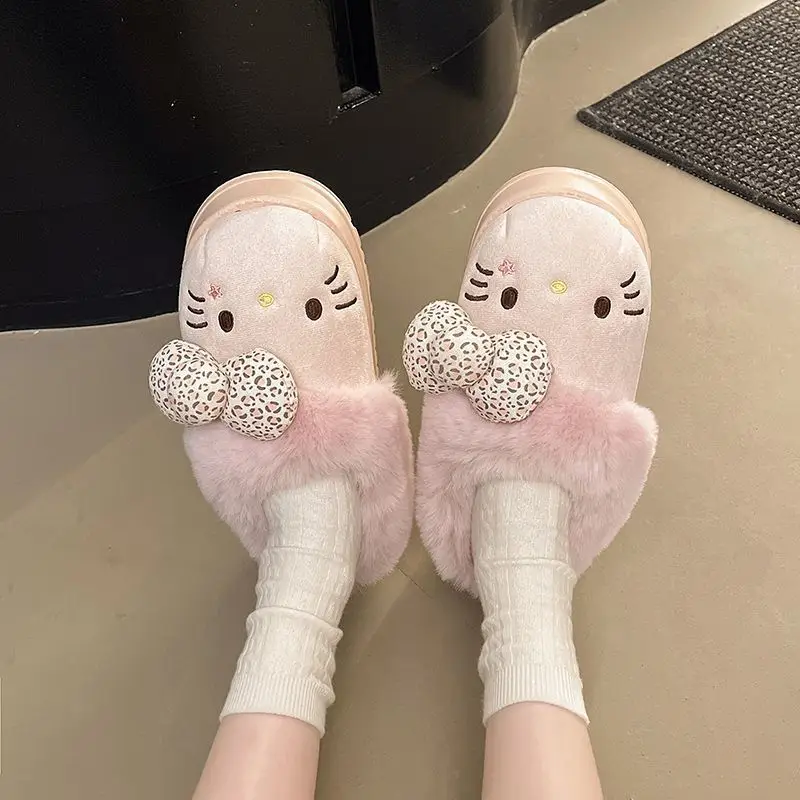 Authentic Sanrio New Kt Catwoman Cartoon Cotton Slippers for Home Indoor Plush Warm and Comfortable Thickeneded