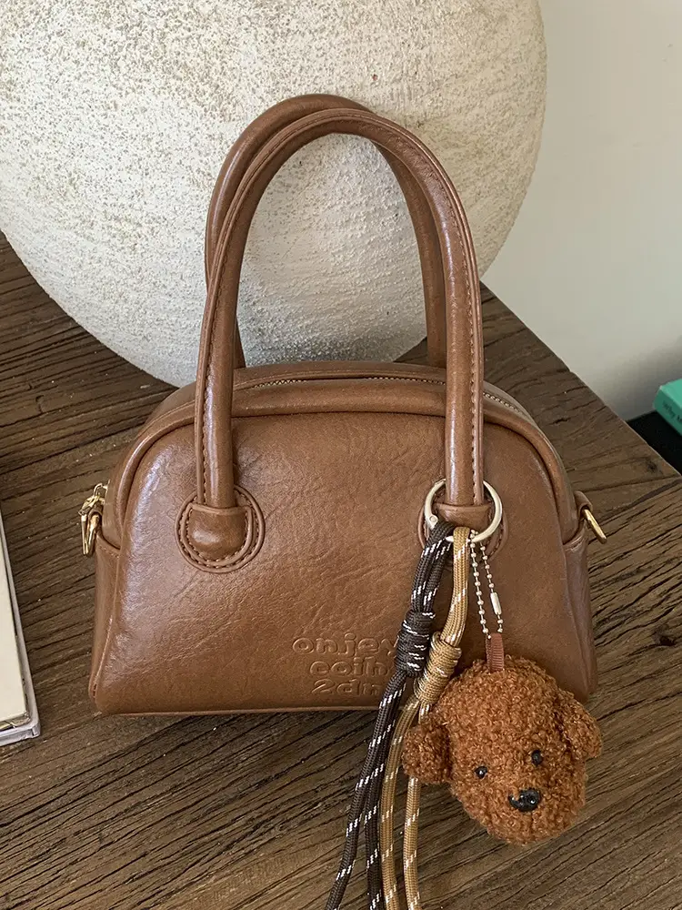 Women Handheld Bowling Bag Brown Leather Retro Design - Image 9