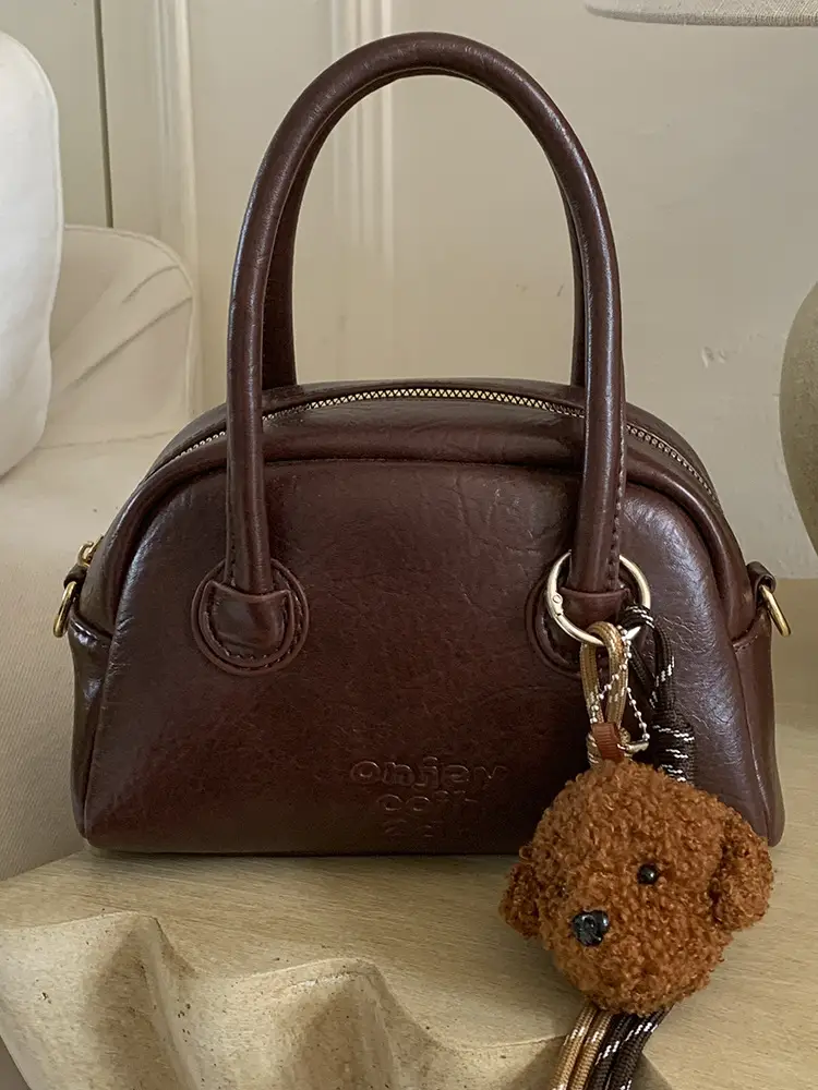 Women Handheld Bowling Bag Brown Leather Retro Design - Image 10