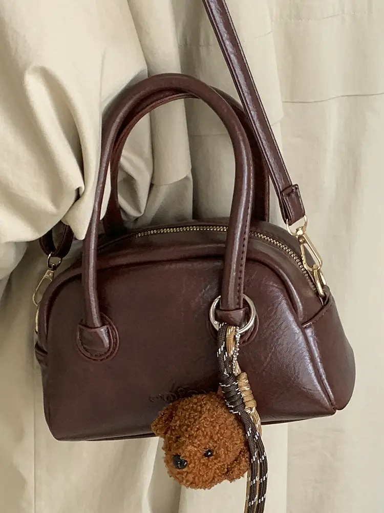 Women Handheld Bowling Bag Brown Leather Retro Design - Image 12