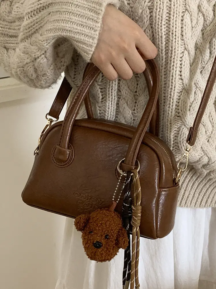 Women Handheld Bowling Bag Brown Leather Retro Design - Image 13