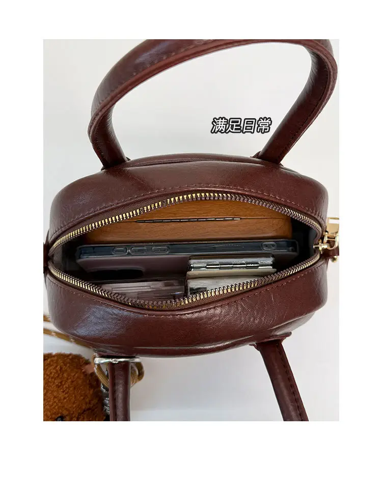 Women Handheld Bowling Bag Brown Leather Retro Design — feature 10