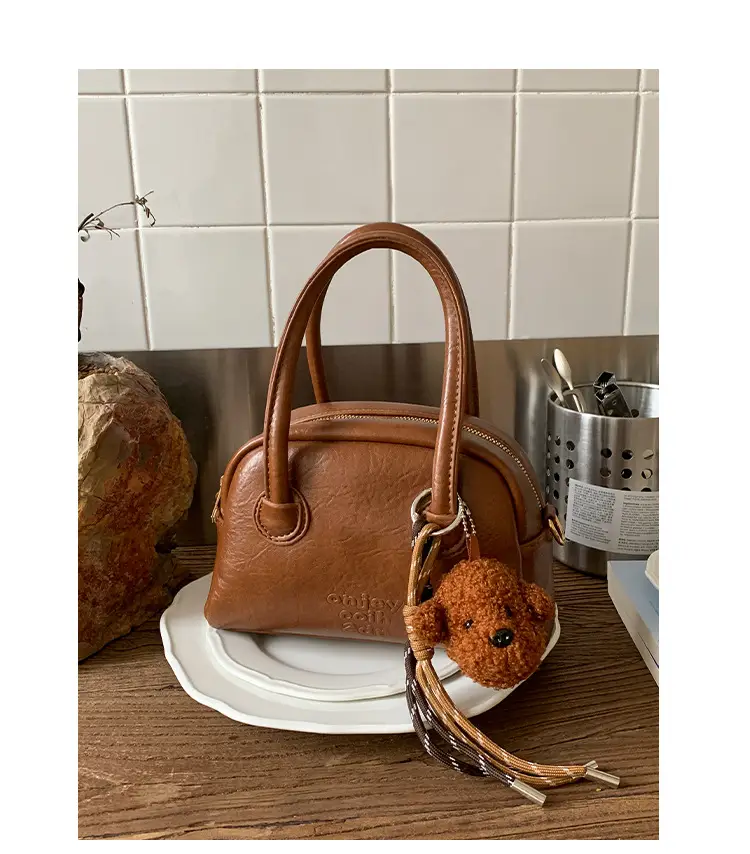 Women Handheld Bowling Bag Brown Leather Retro Design — feature 12