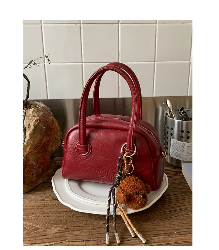Women Handheld Bowling Bag Brown Leather Retro Design — feature 13