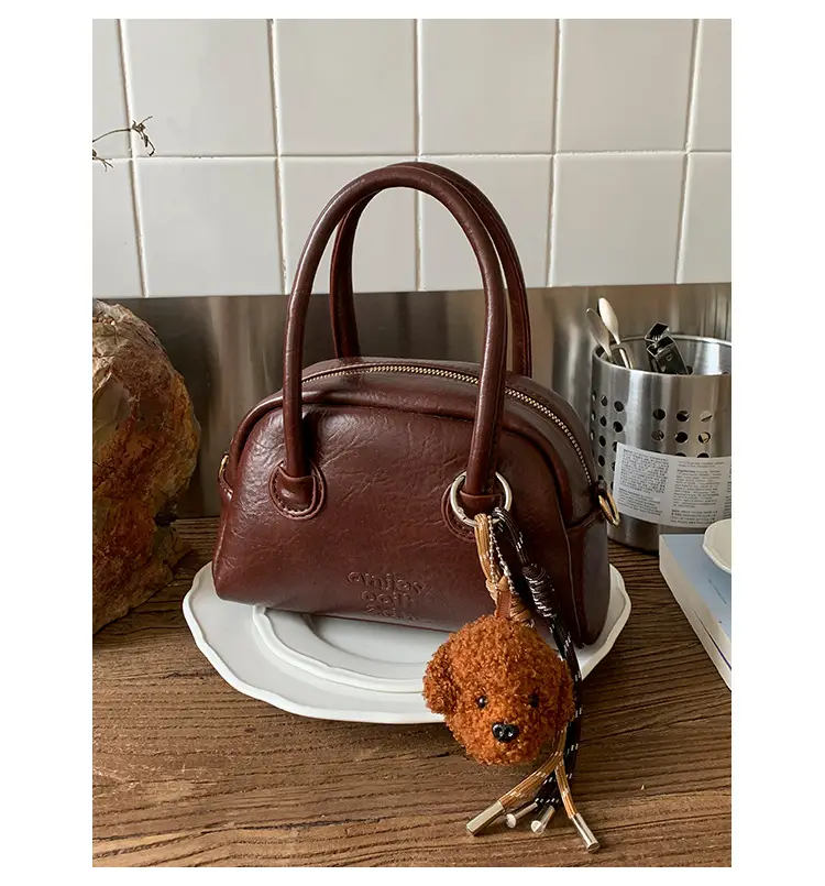Women Handheld Bowling Bag Brown Leather Retro Design — feature 14