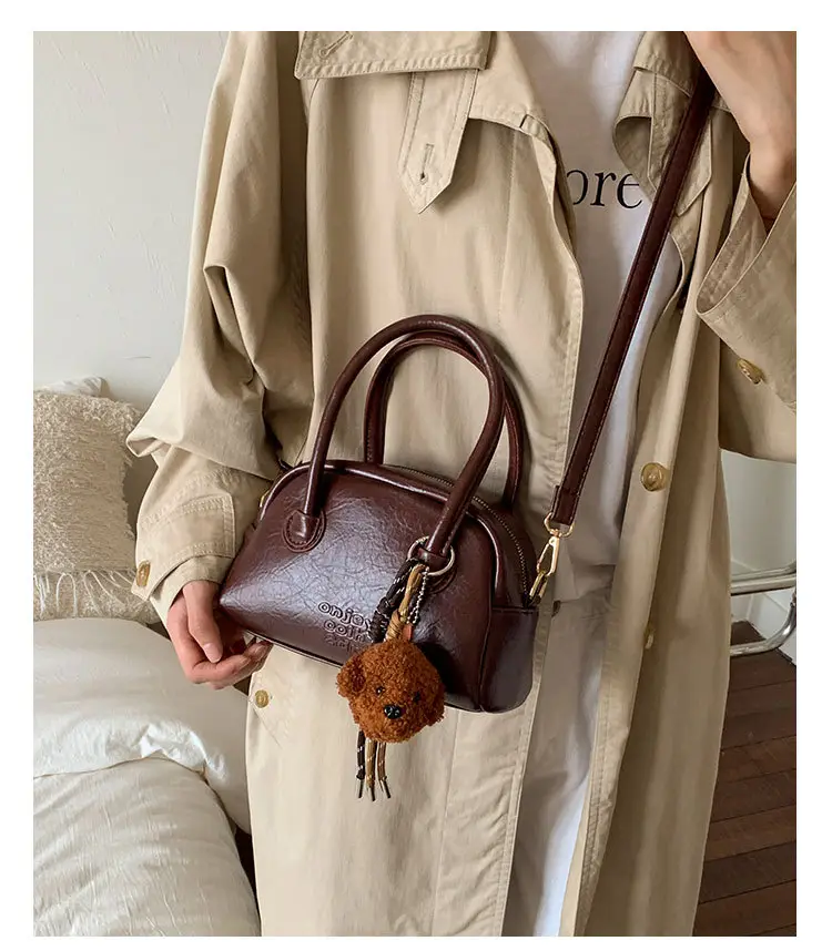 Women Handheld Bowling Bag Brown Leather Retro Design — feature 17