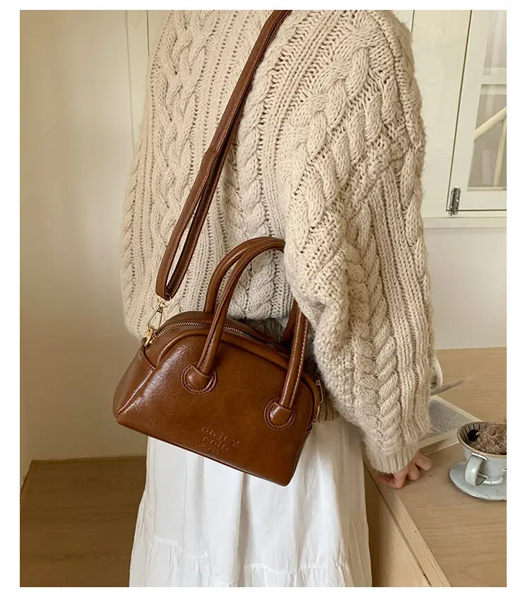 Women Handheld Bowling Bag Brown Leather Retro Design — feature 22