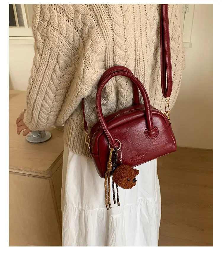 Women Handheld Bowling Bag Brown Leather Retro Design — feature 23