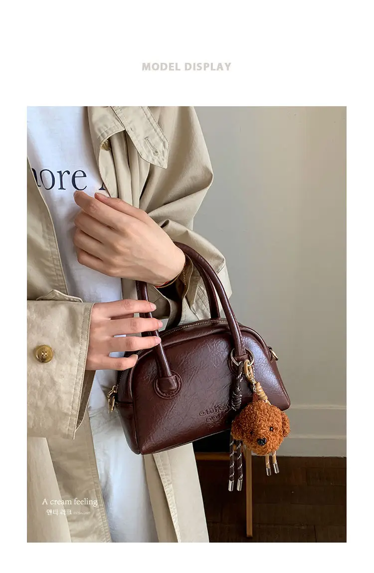 Women Handheld Bowling Bag Brown Leather Retro Design — feature 4